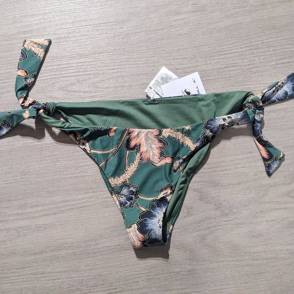 Large -O'NEILL Floral Side Tie Hipster Bikini Swimsuit Bottom (Green/Blue/Peach) - Picture 3 of 3